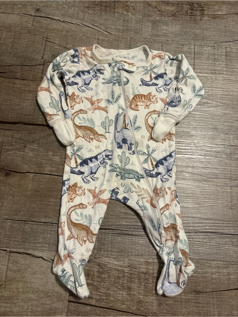Cream Dinosaur-Print Footed One-Piece Pajamas